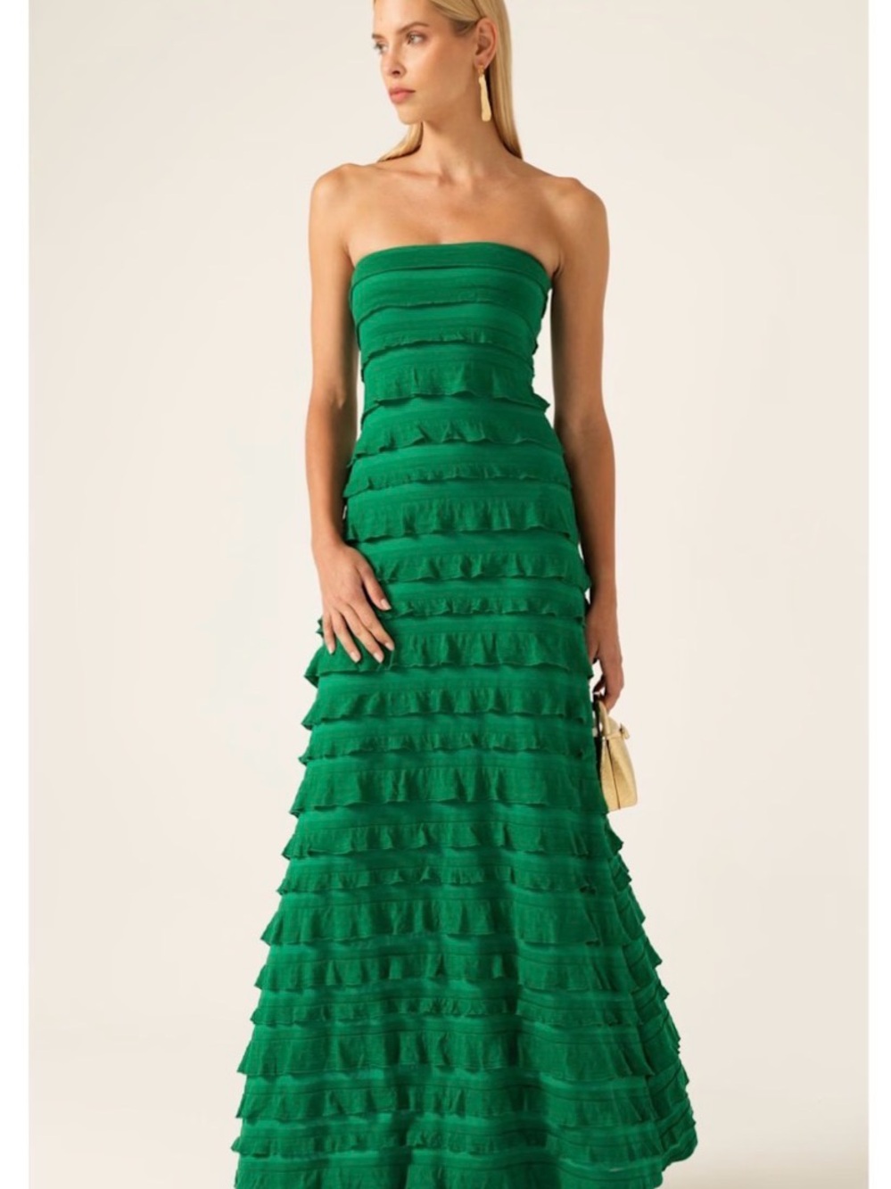 Wolf & Badger Maddison Strapless Tiered Maxi Dress in Emerald Green Size Large